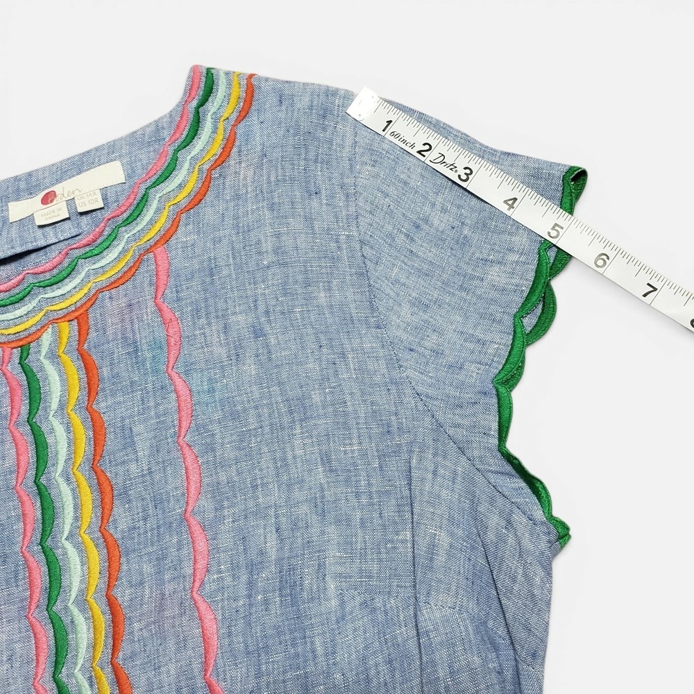 Boden Laura Linen Embroidered Shift Dress Chambray Blue Rainbow Multicolor 10R - Picture 11 of 13